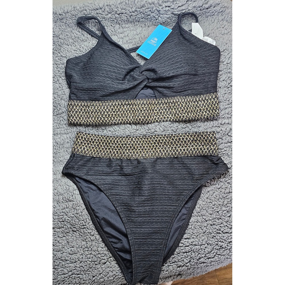 Cupshe Black Gold Metallic Trim Twist Front High Waisted Bikini Set NWT Women M
